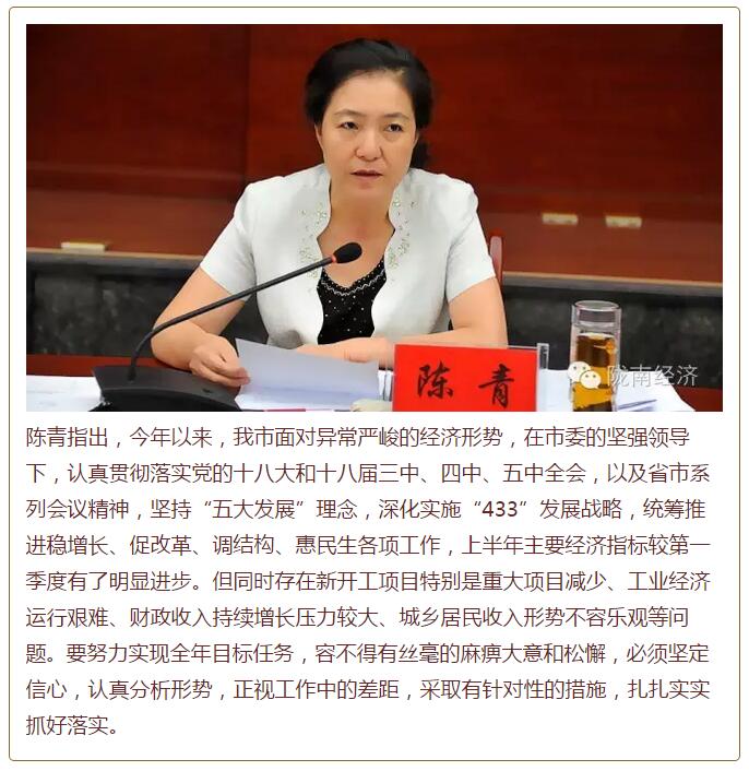 陳青在市政府全體會議上強(qiáng)調(diào)：緊盯一個目標(biāo)抓好九大任務(wù)落實(shí)強(qiáng)化三項(xiàng)保障，確保全市經(jīng)濟(jì)社會持續(xù)快速發(fā)展